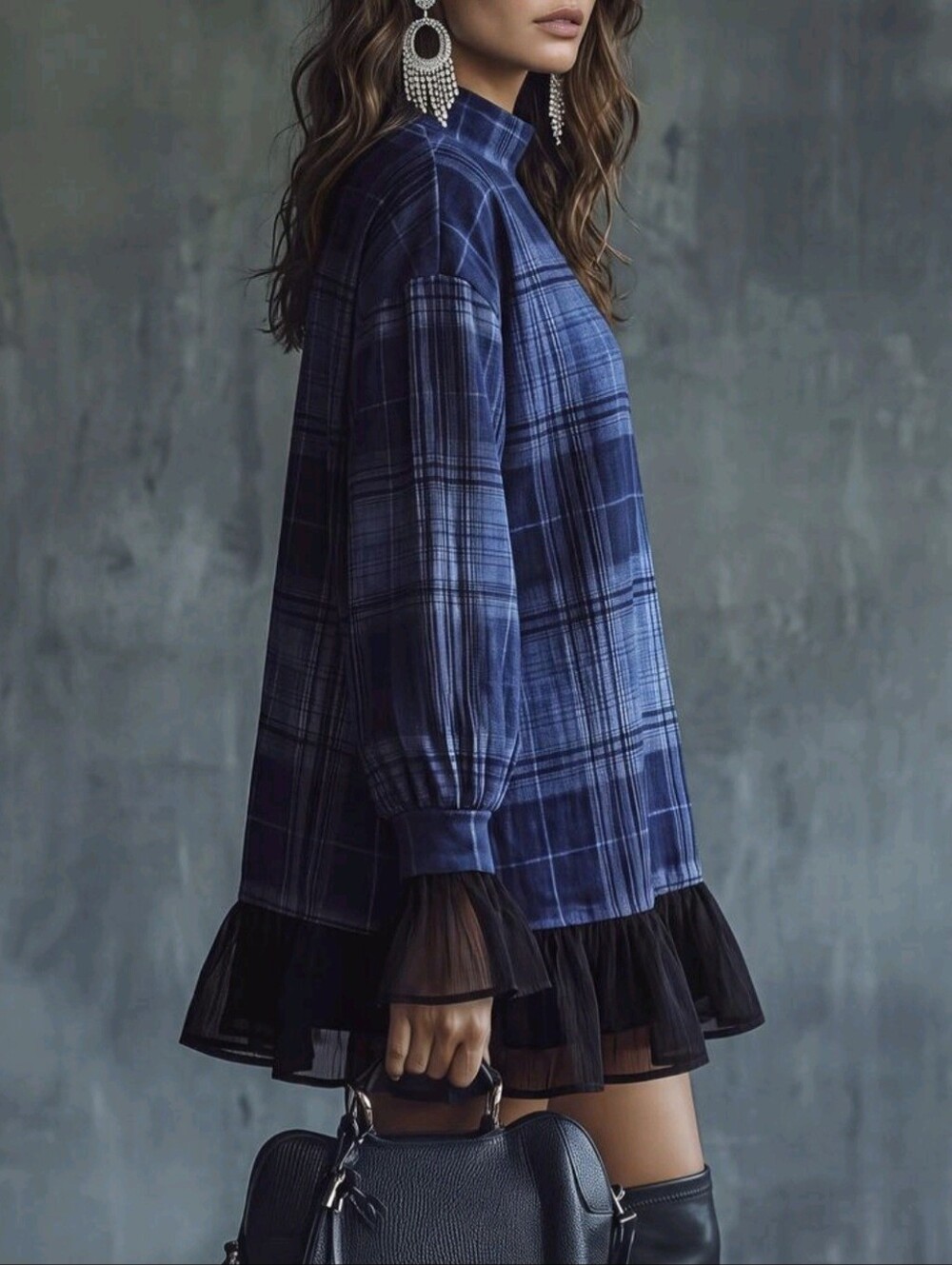 Women's Casual Mini Dress Plaid Dress Vintage Romantic - Picture 4 of 8